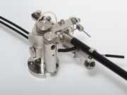 Reed 3Q Rhodium Satin tonearm, laser device and new VTA adjustment closeup